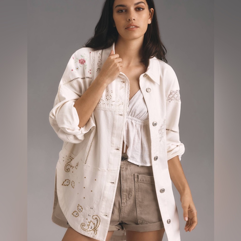 Anthropologie White hues Oversized Shirt Jacket, Lace/ Embroidery Details Dolman